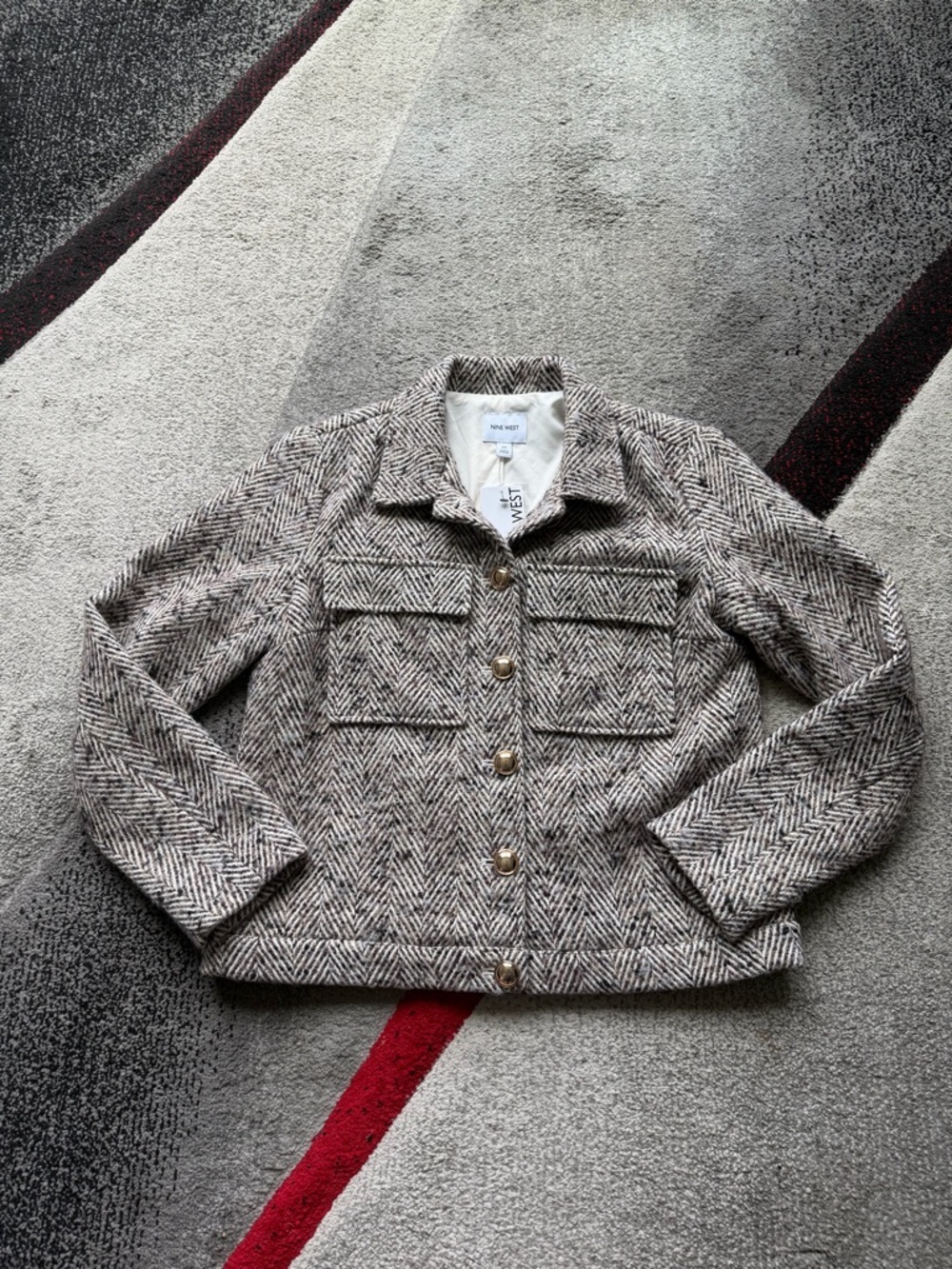 Nine West Brown Chevron Tweed Cropped Jacket